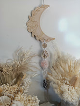 Load image into Gallery viewer, Lepidolite - Rose Quartz - Clear Quartz - Amethyst  Moon Line Art Wall Hanging
